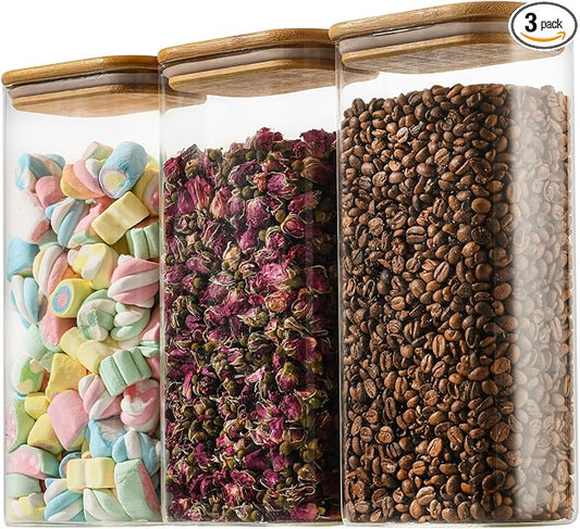 64oz Rectangle Airtight Glass Storage Containers with Bamboo Lids (Set of 3), Square Food Storage Jar, Pantry Organizers for Cereal, Flour, Pasta and Coffee beans (‎with Black Lable)-CasaMuseHome