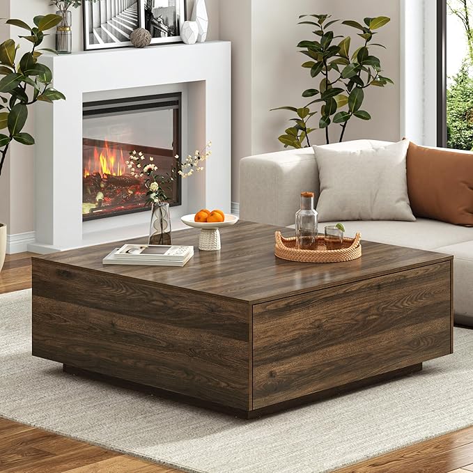 43” Square Coffee Table with Storage, Modern Large Square Center Table with 2 Drawers, Wood Coffee Table for Living Room, Walnut-CasaMuseHome