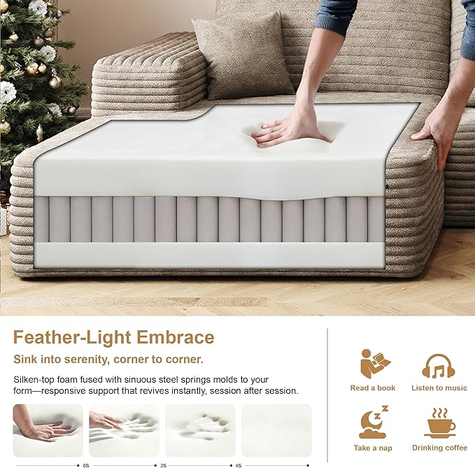 136" Sectional Couches for Living Room Modern Modular Sofa with L-Shape Couchs Upholstered Boneless Couch Deep Seat Sectional Couch with Chaise (Camel, Left Facing Chaise+3Seaters+Ottoman)-CasaMuseHome