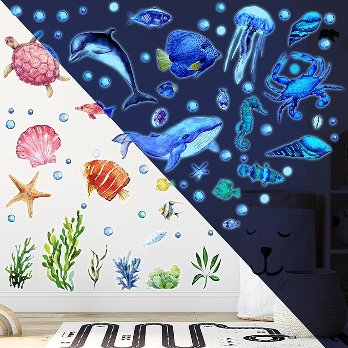 52 Pcs Ocean Fish Wall Decals Glow in The Dark Under The Sea Wall Decals Sea Animals Stickers Removable Waterproof Peel and Stick for Kids Bathroom Watercolor Ocean Decor(Cute Style)-CasaMuseHome