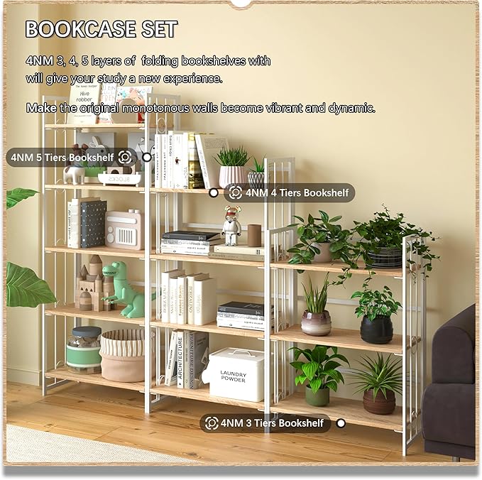 4NM No Assembly 5 Tiers Folding Bookshelf, 59.4" H Foldable Storage Shelves Vintage Bookcase Standing Racks Study Organizer Home Office - Natural White-CasaMuseHome