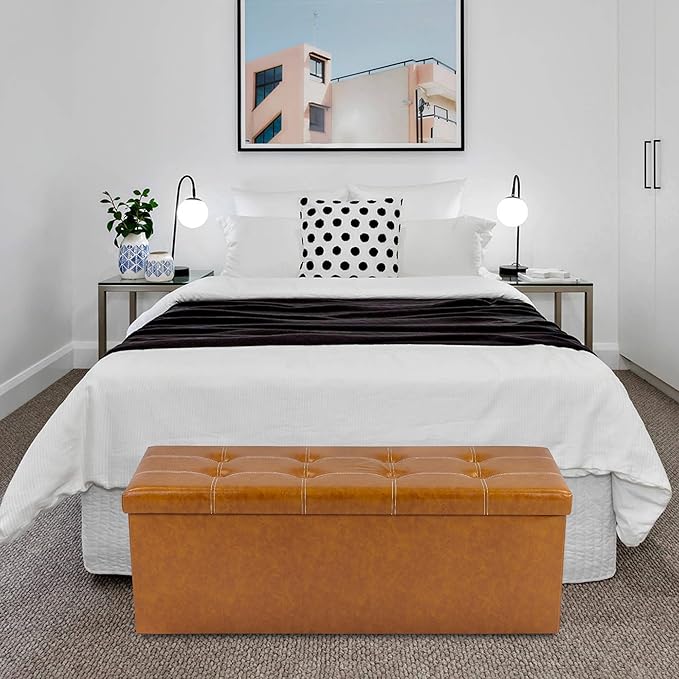 43 Inches Folding Storage Ottoman Bench, PU Leather Storage Chest, Footrest Padded Seat for Bedroom and Hallway, Holds up to 660 lbs, Light Brown-CasaMuseHome