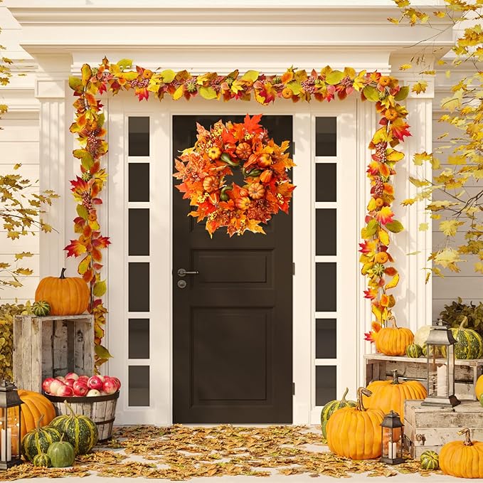 24 Inch Fall Wreaths for Front Door, Fall Decorations for Home,Fall Wreath,Autumn Wreath with Pumpkins Berries Maple Leaves for Thanksgiving Halloween Decorations Indoor Outdoor Outside Fall Decor-CasaMuseHome