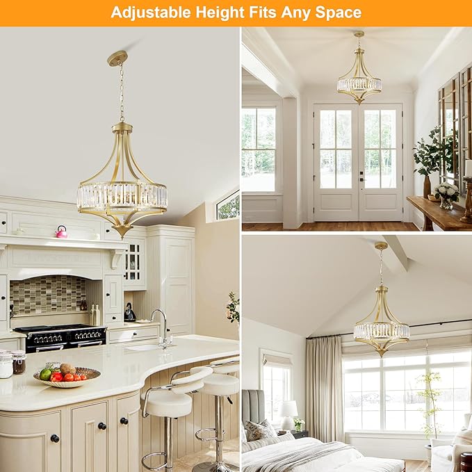 20" Modern Crystal Chandelier, 5-Light Gold Dinning Room Light Fixtures Over Table, Hanging Round Pendant Chandelier for Kitchen Island Entryway Bedroom Office Bathroom Stairwell-CasaMuseHome