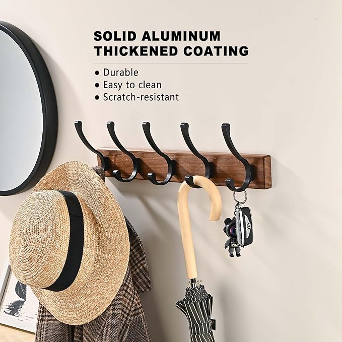 17.3" Small Wooden Coat Rack Wall Mount with 5 Hooks, Entryway Wall Hooks Coat Hanger for Hanging Towel Jacket Clothes Hat Backpack Shoe Purse Key Holder Multi Hook Rail by Black Walnut Wood-CasaMuseHome