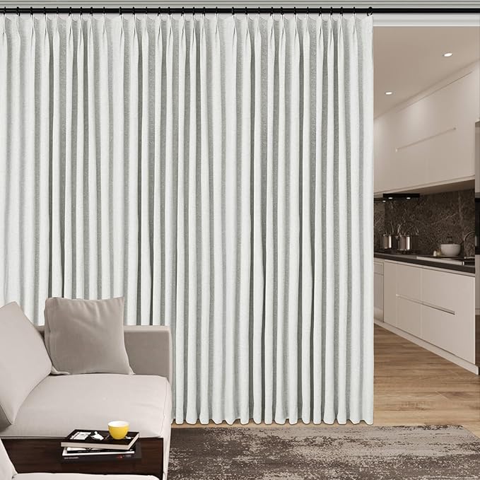 120" Wx102 L Linen Room Divider Drapes for Doorway/Glass Window/Sliding Door/Patio, Extra Wide Pinch Pleated Full Blackout Curtains for Girls Boys Teen Kids Room, 1 Panel, Greyish White-CasaMuseHome