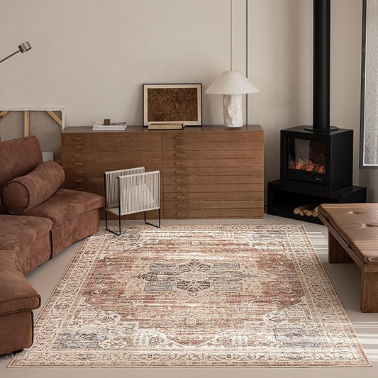 6'x9' Area Rug - Vintage Persian Medallion Design Low-Pile Faux Wool Rug, Non-Slip Backing, Machine Washable, for Living Room, Dining Room, Bedroom (Brick Red)-CasaMuseHome