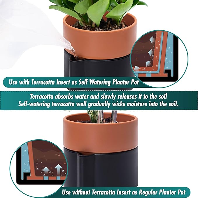 8 Inch Self-Watering Planter Pot with Terracotta Insert, Deep Water Reservoir, and Ceramic-Alike BPA-Free Plastic Planter Pot for Plant, Modern Planter for Houseplants, Black/Terracotta, 53-B-T-5-CasaMuseHome