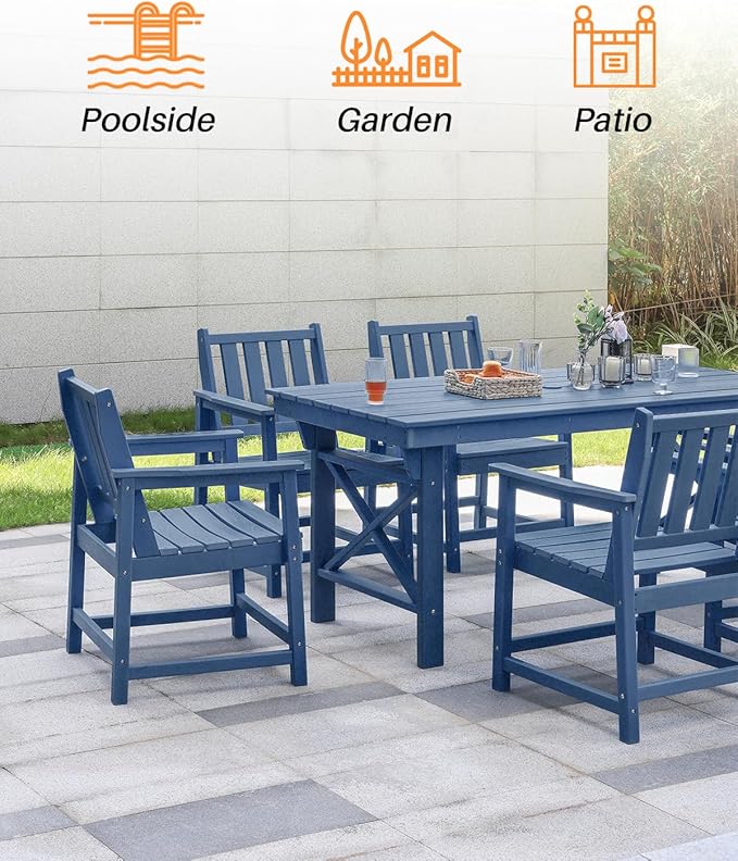 7 Pieces HDPE Outdoor Dining Set, Patio Dining Set with Umbrella Hole, All Weather Outdoor Dining Table Sets for 6, HDPE Patio Furniture Sets for Deck, Backyard, Lawn, and Poolside, Navy-CasaMuseHome