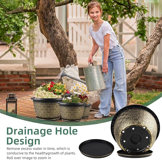 4 Pack 12 Inch Plant Pots,Large-Plant-Flower-Planters-Plastic, Flower Pots Outdoor Indoor with Drainage Holes & Trays, Retro Antique Imitation Decorative Garden Sets for Houseplants-CasaMuseHome