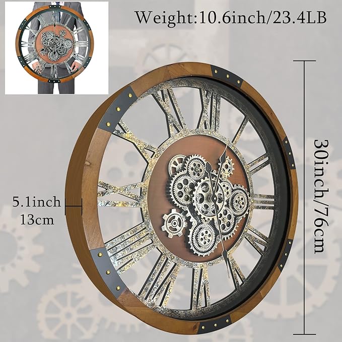 30 Inch Moving Gear Wall Clock, Oversized Wall Clocks, Clock Living Room Decor, Solid Wood Frame, Battery Operated, Large Wall Clock with Steampunk Industrial for Fireplace(Machilus)-CasaMuseHome