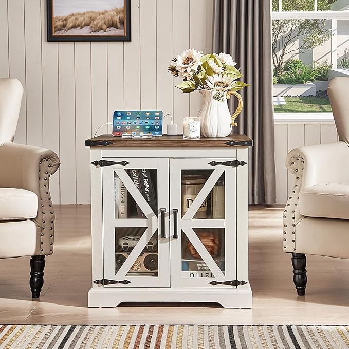 24" End Table with Charging Station, Farmhouse Night Stand with Glass Barn Door, White Nightstands with Adjustable Storage Shelf, Large Wood Square Bed Side Table for Living Room,Bedroom-CasaMuseHome