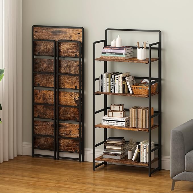 4NM No Assembly Foldable Bookshelf, 4-Shelf Collapsible Bookcase Storage for Small Spaces, 54" H, Rustic Brown and Black-CasaMuseHome