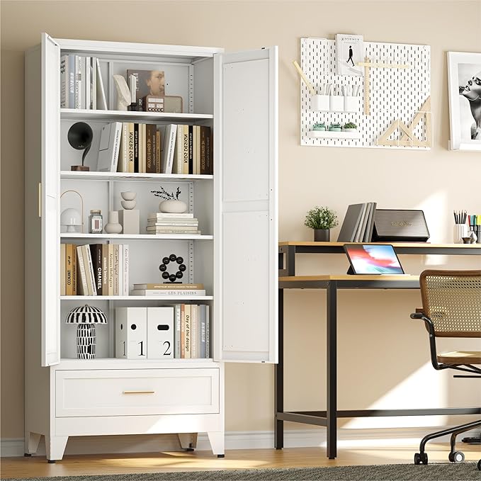 71 "Farmhouse Metal Filing Cabinet with a Drawer and 4 Adjustable Shelves, with 2 Large barn Door White Kitchen Cabinets, Metal Food Cabinets for Home, Kitchen, Dining/Living Room (White)-CasaMuseHome