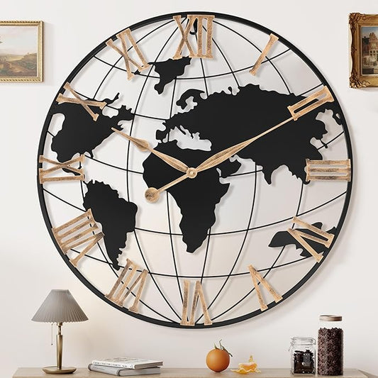 30 Inch Extra Giant Large Wall Clock Oversized,Black Big Metal Modern Decorative Silent World Map Wall Clock with Vintage Gold Roman Numeral for Office,Living Room,Kitchen,Dining Room Decor-CasaMuseHome