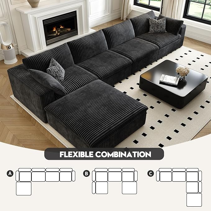 157.5" Cloud Couch Modular Sectional Sofa for Living Room,Modern Sofa with Deep Seat，L-Shape Boneless Couch with Ottoman,Comfy Upholstered Corduroy Couches for Apartment, Studio, Office,Bedroom，Black-CasaMuseHome