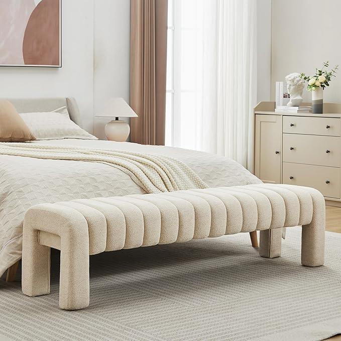 63" Bedroom Bench, Upholstered Entryway Bench, Modern End of Bed Ottoman with Solid Wood Legs and Adjustable Foot Pegs for Entryway, Dining Room and Living Room (Beige Linen)-CasaMuseHome