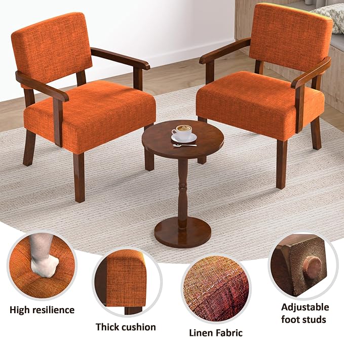 Accent Chair Set of 2 with Table, Living Room Chairs with Soft Seat and Armrests for Living Room Bedroom Reading Room Waiting Room (Orange), Linen, AC01-CasaMuseHome