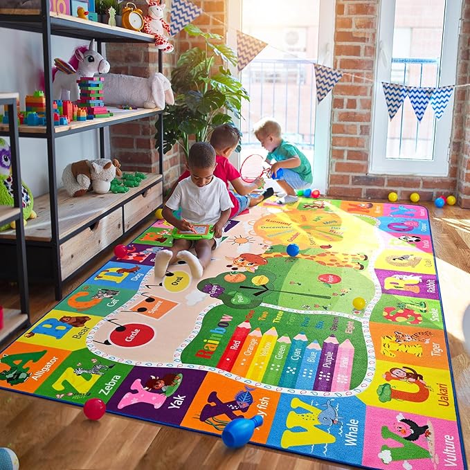 6x9 Playroom Rugs for Kids Washable, Educational and Fun Playmat with ABC Alphabet Animals Shapes Colors, Non-Slip Play Mat Learning Rugs for Baby Toddler Children Game Activity-CasaMuseHome