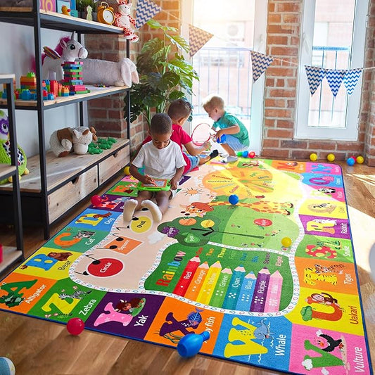 6x9 Playroom Rugs for Kids Washable, Educational and Fun Playmat with ABC Alphabet Animals Shapes Colors, Non-Slip Play Mat Learning Rugs for Baby Toddler Children Game Activity-CasaMuseHome