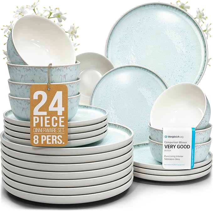 24 Piece Dinnerware Sets for 8 - Modern Style Stoneware Dinnerware Set - Microwave Safe Dinner Plates and Bowls Sets for 8, Ceramic Dish Set, Bowl and Plate Sets for 8, Beige Light Blue Set for 8…-CasaMuseHome