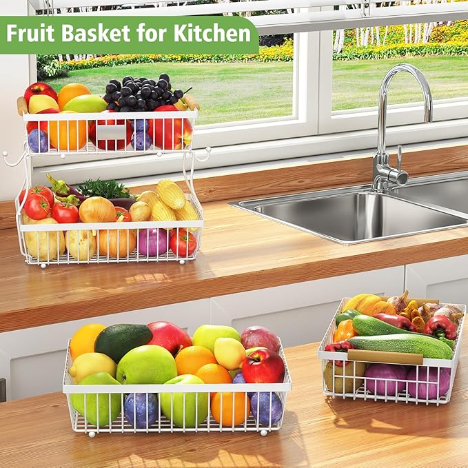 2 Tier Fruit Basket for Kitchen Counter with 2 Banana Hangers, Countertop Metal Fruit Bowl with Wooden Handle, Large Storage Stand for Vegetables, Snacks, Breads, Produce Storage – White-CasaMuseHome