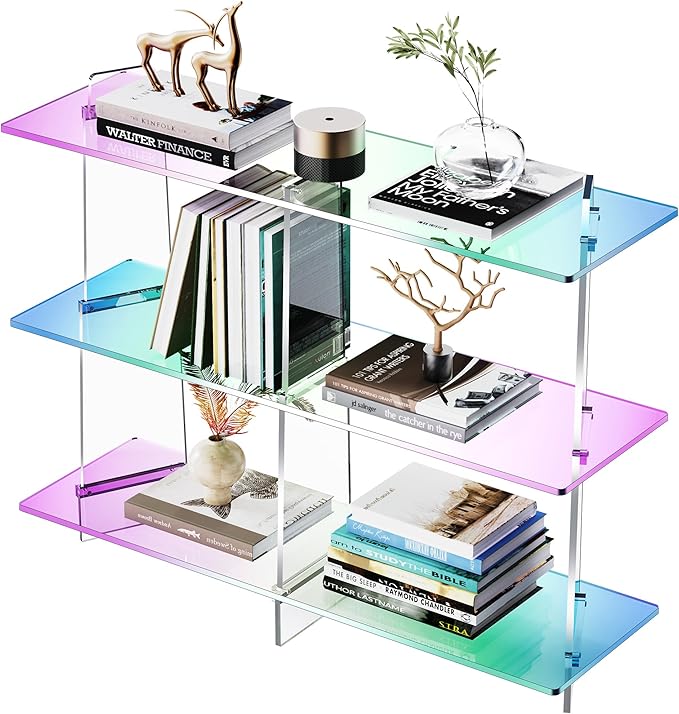 Acrylic Bookshelf, Small 3 Tier Open Bookcase for Small Spaces,Sofa Table, Hallway Entry Table for Home Living Room (Iridescent, 39.4" x 11.8" x 31.5)-CasaMuseHome