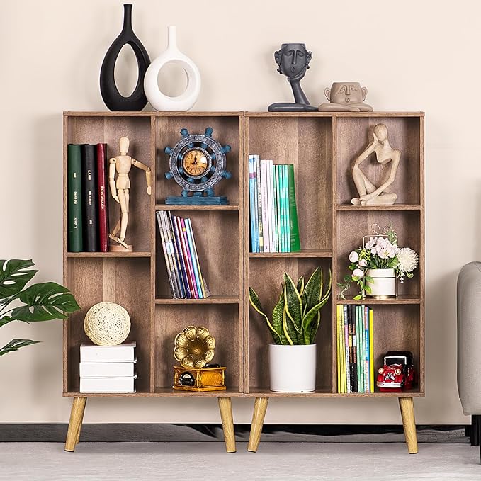5 Cube Small Bookshelf,3 Tier Mid-Century Modern Bookcase with Legs,Wood Kids Bookshelves Storage Organizer Shelf,Free Standing Narrow Book Shelves,Oak Grey Corner Bookcases for Bedroom,Living Room-CasaMuseHome