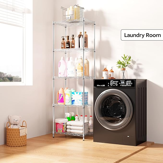 5 Tiers Shelf Metal Storage Shelves Wire Rack Closet Organizers with Wheel for Garage Kitchen Bathroom Laundry Chrome 11.8" D x 17.7" W x 55" H-CasaMuseHome