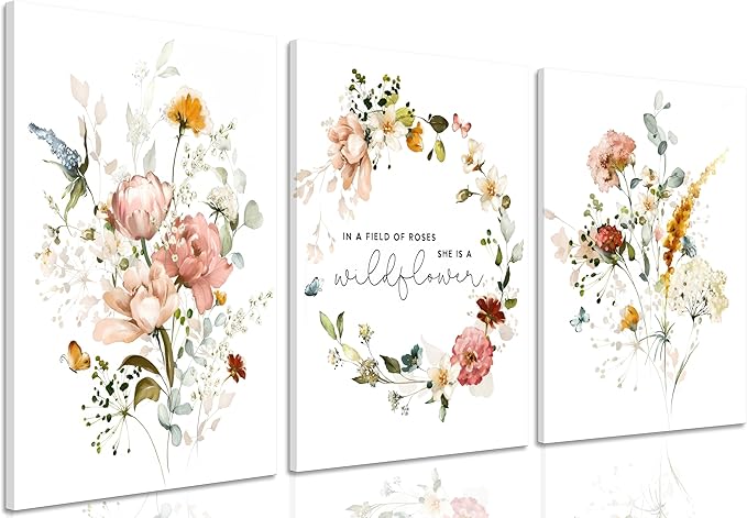 3Pcs Framed Watercolor Flowers Canvas Wall Art In A Field Of Roses She Is A Wildflower Painting Picture Wall Decor Pink wreath Poster Print Artwork for Nursery living room Girls Room Home Decoration-CasaMuseHome