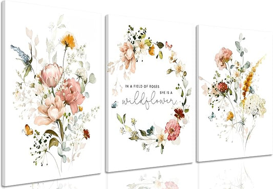 3Pcs Framed Watercolor Flowers Canvas Wall Art In A Field Of Roses She Is A Wildflower Painting Picture Wall Decor Pink wreath Poster Print Artwork for Nursery living room Girls Room Home Decoration-CasaMuseHome