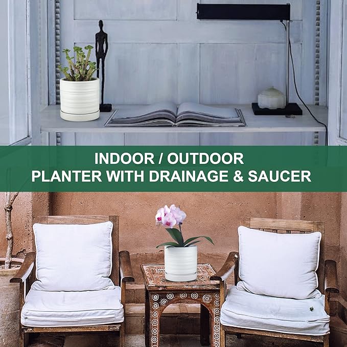 6 Inch Plant Pots, Ceramic Planter Pot with Drainage Hole & Saucer, Indoor/Outdoor Cylinder Round Planter Pot, Matte White-CasaMuseHome