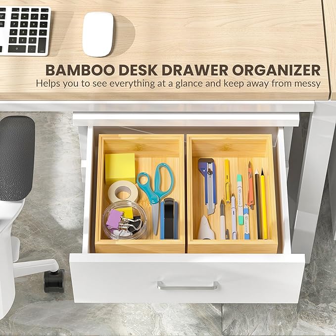 Kitchen Drawer Organizer Bins, Stackable Bamboo Drawer Organizer for Silverware, Flatware, Deep Office Desk Drawer Organizer Tray, Desktop Pen, Office Organization 9" x 6" x 2.5" (Set of 2)-CasaMuseHome