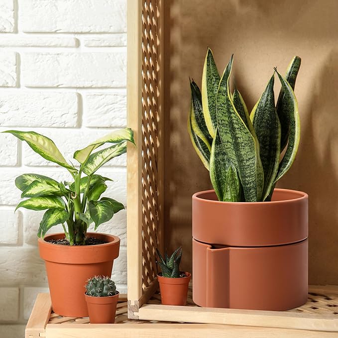 8 Inch Self-Watering Planter Pot with Terracotta Insert, Deep Water Reservoir, and Ceramic-Alike BPA-Free Plastic Planter Pot for Plant, Modern Planter for Houseplants, Terracotta, 53-A-T-3-CasaMuseHome