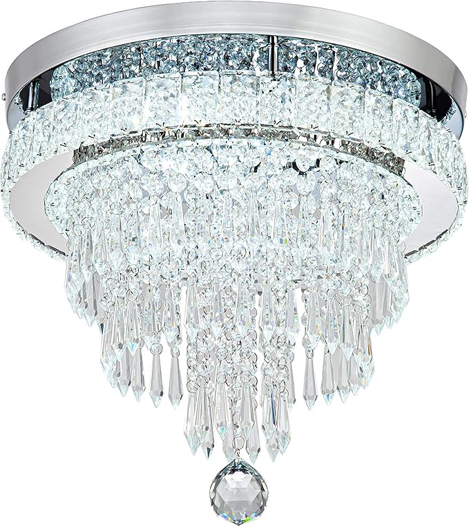 16“ Crystal Chandeliers Light Flush Mount Ceiling Light Fixtures Round Modern LED Chandelier for Living Room Bedroom Dining Room Closet Hallway (Cool White)-CasaMuseHome