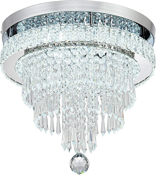 16“ Crystal Chandeliers Light Flush Mount Ceiling Light Fixtures Round Modern LED Chandelier for Living Room Bedroom Dining Room Closet Hallway (Cool White)-CasaMuseHome