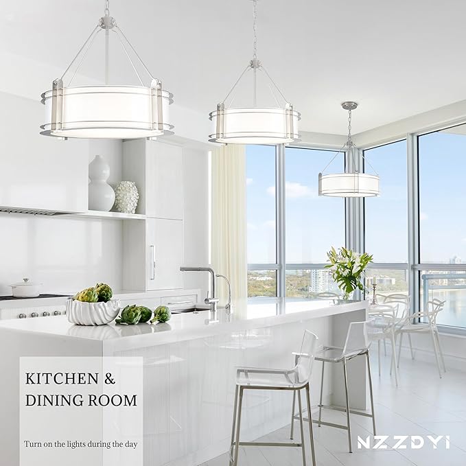 20.4''Drum Chandelier,5-Light Brushed Nickel Modern White Fabric Chandeliers,Farmhouse Round Pendant Light Fixture for Dining Room Kitchen Island Living Room Bedroom Hallway-CasaMuseHome