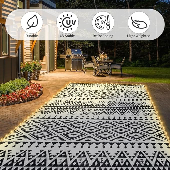 6x9ft Waterproof Outdoor Rug with LED Lights, Bohemia Reversible Plastic Straw Mat for Patio RV Camping Picnic Balcony Beach Deck Indoor Outdoor Carpet, Black&White-CasaMuseHome
