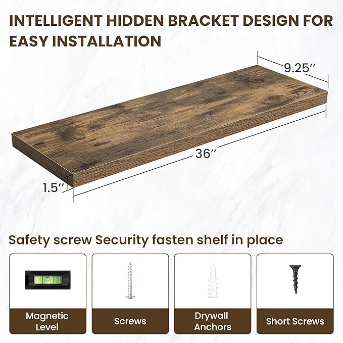 36 Inch Floating Shelves, 36"x9.25"x1.5" Inch Deep Floating Shelves for Wall, Wooden Shelves for Bathroom, Bedroom, Living Room, Brown-CasaMuseHome