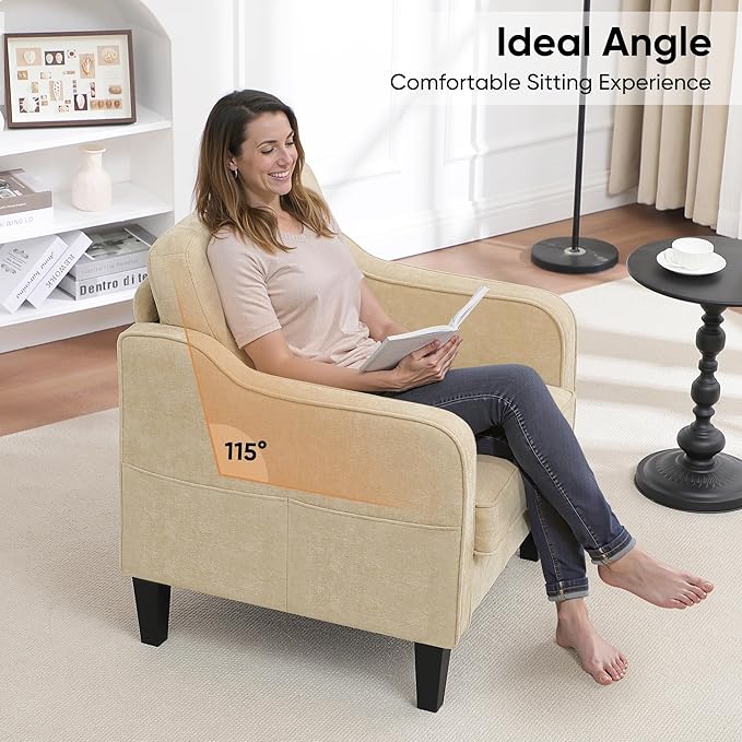 Accent Chairs Set of 2, Upholstered Living Room Chair with Side Pockets, Mid Century Modern Reading Chair for Bedroom, Comfy Armchair Single Sofa Side Chair for Office, Small Room, Light Brown-CasaMuseHome