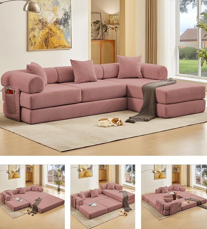 107" Oversized Convertible Sleeper Sofa Bed, Corduroy L Shape Sectional Couch, Folding Sofa Bed with Side Pocket, Modern Cloud Floor Mattress Couch, Modular Sofa for Living Room, Pink-CasaMuseHome