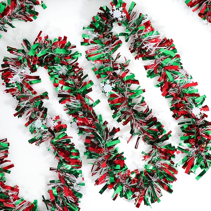 50 Feet Green Red Christmas Metallic Tinsel Twist Hanging Garland with Snowflake for Home Mantle Xmas Tree Staircase Railing New Year Holiday Party Indoor Outdoor Decorations-CasaMuseHome
