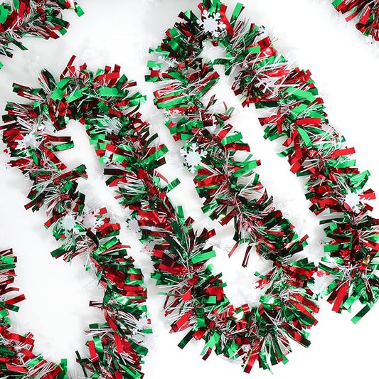 50 Feet Green Red Christmas Metallic Tinsel Twist Hanging Garland with Snowflake for Home Mantle Xmas Tree Staircase Railing New Year Holiday Party Indoor Outdoor Decorations-CasaMuseHome