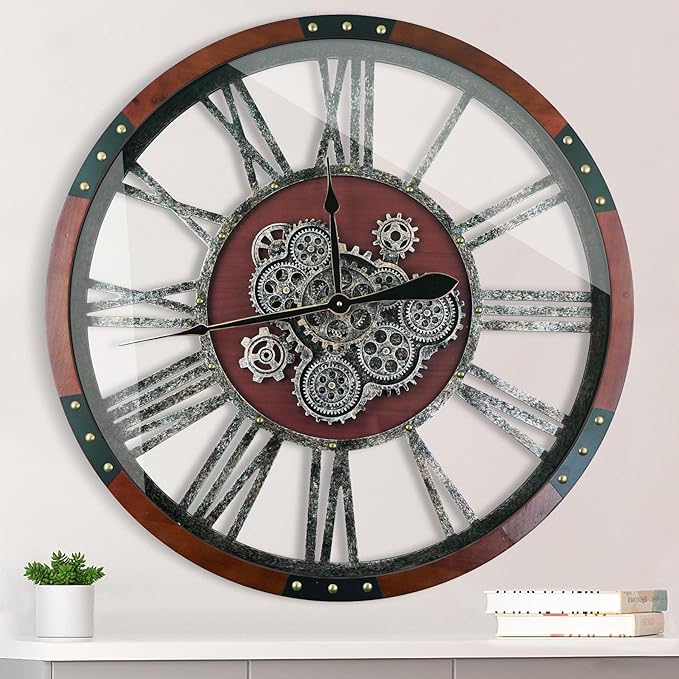 30Inchs Moving Gears Wall Clock, Oversized Wall Clocks, Clock Living Room Decor, Solid Wood Frame, Battery Operated, Large Wall Clock with Steampunk Industrial for Fireplace(Black Walnut)-CasaMuseHome