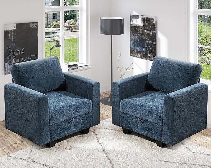 38.5 Oversized Accent Chair with Storage Blue Chenille, Single Modern Accent Sofa Chair with Arms for Apartment Living Room (21" Deep Seat)-CasaMuseHome