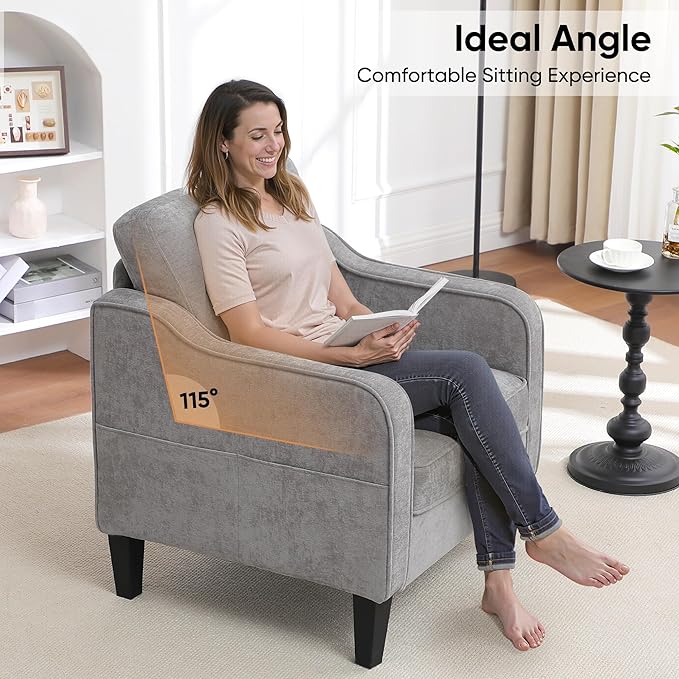 Accent Chair for Living Room, Mid Century Modern Reading Chair for Bedroom, Upholstered Armchair with Side Pockets, Comfy Single Sofa Side Chair for Office, Apartment, Small Room, Light Grey-CasaMuseHome