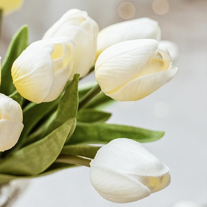 20pcs White Artificial Tulip Fake Flower 12.9 Inch Spring Mother's Day Easter Gift for Home Kitchen Wedding Decoration-CasaMuseHome