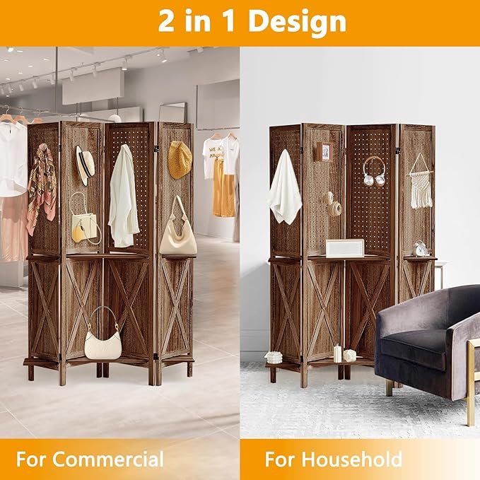 4 Panel Pegboard Display with 16 Hooks, Wooden Pegboard Room Divider Wall with Shelf, Rustic Room Dividers and Folding Privacy Screens, Bedroom, Jewelry Store, Brown-CasaMuseHome