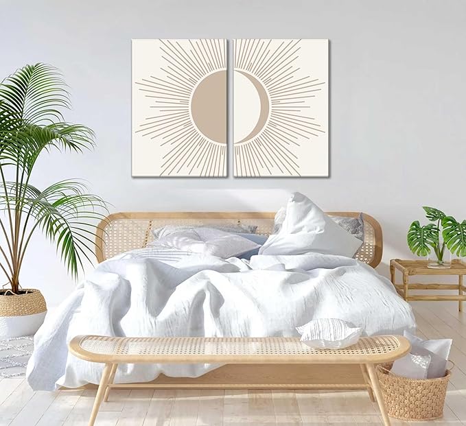 2Pcs Minimalism Boho Canvas Wall art Mid Century Modern Beige and White Sun and Moon Geometric Abstract Painting Pictures Wall Decor Posters Print Artwork for Bedroom Living Room Decoration-CasaMuseHome