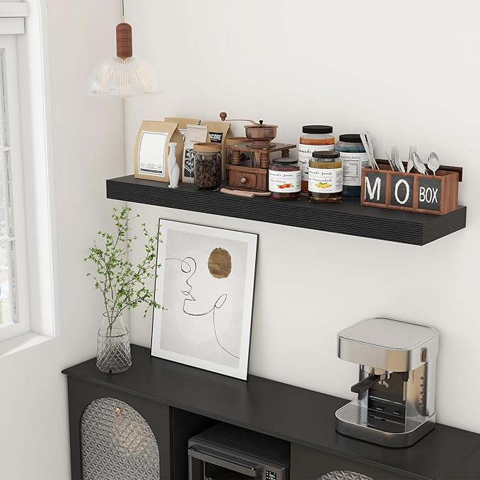 12'' Deep Floating Shelves, 48 Inch Large Floating Shelf Black, Deep Wall Shelves for Living Room Bathroom Laundry Room Bedroom Kitchen Home Office - Black-CasaMuseHome